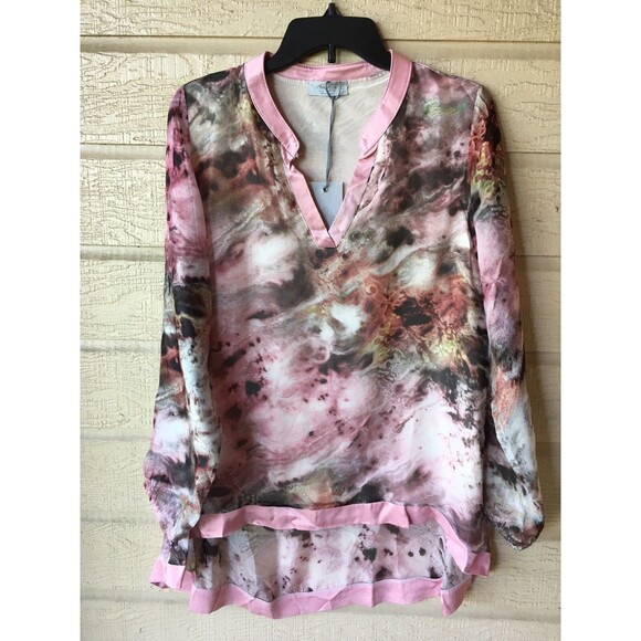 Angela Moda womens Silk Blend Long Sleeve Blouse Top size XL Pink Print Italy - Picture 3 of 9